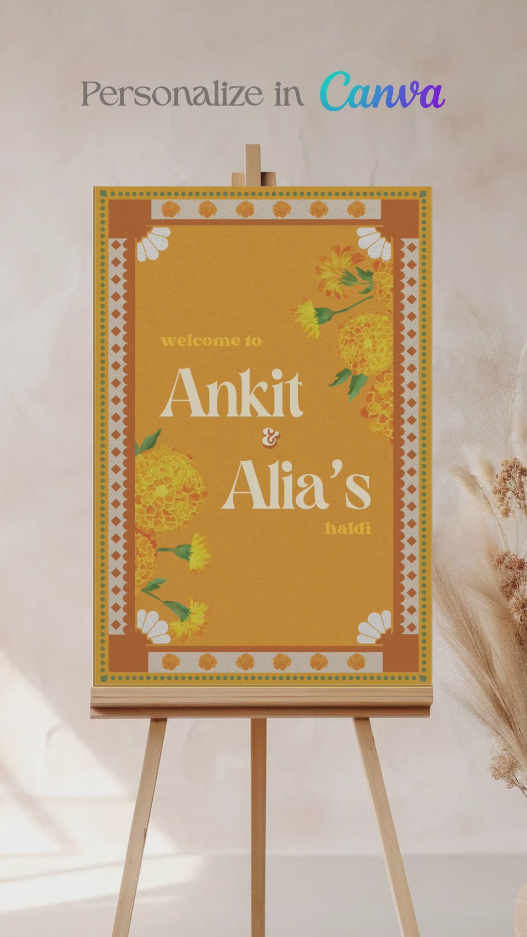 Wedding Invitations. Retro Welcome Sign. Indian Wedding Invites. Event Welcome Sign. Shades of Yellow. Yellow Florals. Baby Shower. Birthday and Celebration. Wedding Ceremony. Engagement Sign. Wedding Stationery. DIY Stationery. Digital Download. Canva. Indian Weddings. Anand Karaj. Sangeet. Chunni. Mehndi, Haldi. Personalize. Customize.