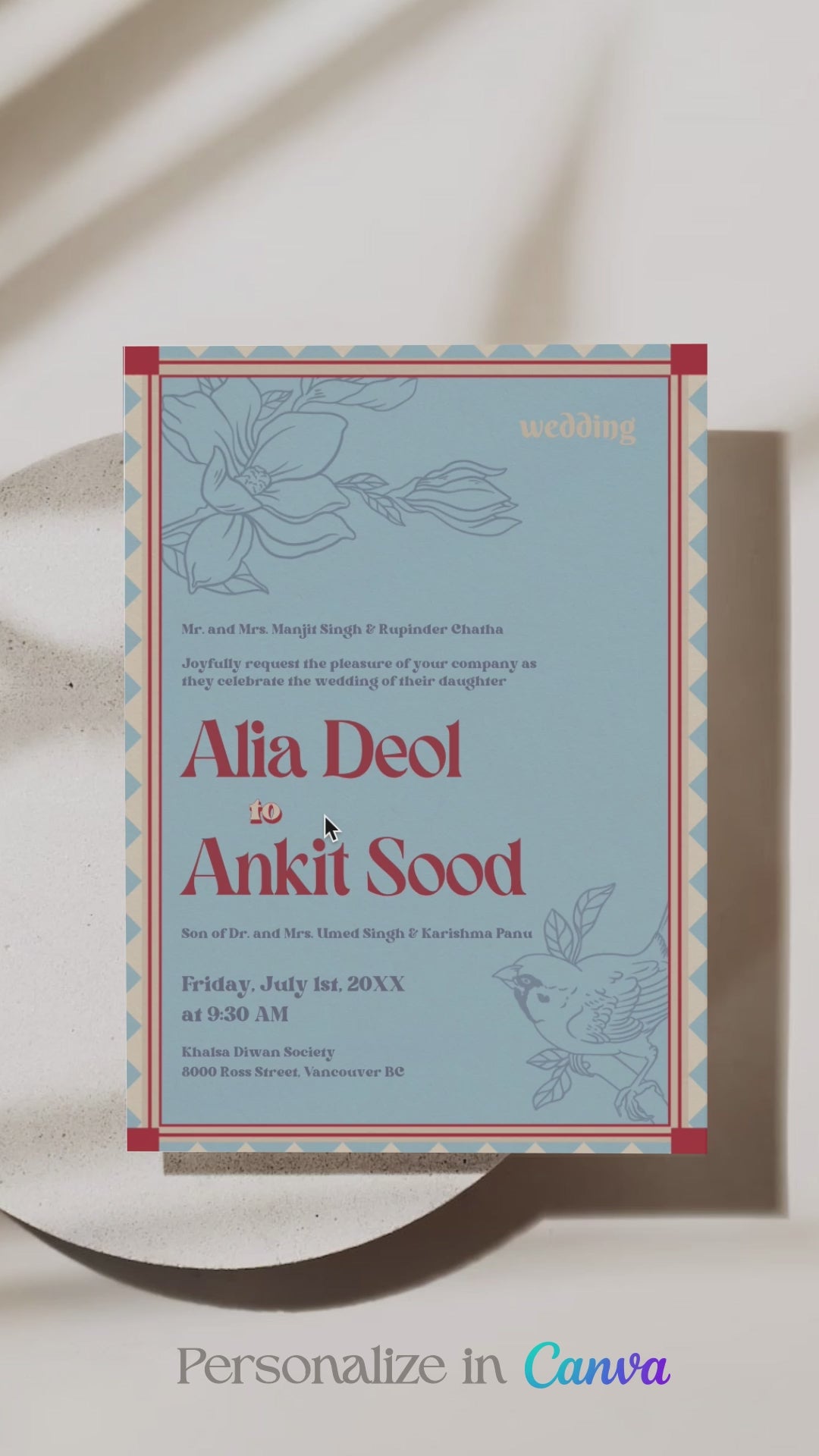 Retro Wedding Invitation Set. Event invite set. Shades of blue, red and orange. Baby Shower. Birthday and Celebration. Engagement Stationery. Wedding Stationery. DIY Stationery. Digital Download. Canva. Indian Weddings. Reception. Personalize. Customize. Anand Karaj, Mehndi, Sangeet, Haldi